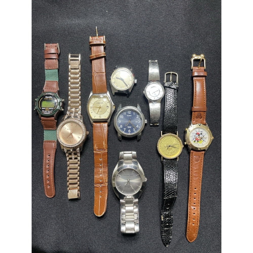 Lot of 9 Quartz Watches Timex Disney Lorus Cherokee Panama Jack Non-Working
